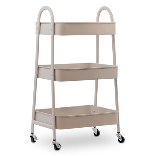 GEEZY 3 Tier Storage Trolley on Wheels - Beige Metal Rolling Cart with Mesh Shelves & Side Handles - Multipurpose Kitchen Trolley Storage & Bathroom Caddy Organiser for Home Office Crafts & Beauty