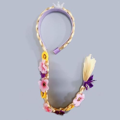 Princess Dress up Wigs, Princess Rapunzel Long Braided Wig Headbands with Tiara Flowers Adorn for Girls Costume Accessories, 29 Inch4