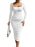 LAGSHIAN Women's Cocktail Bodycon Long Sleeve Square Neck Mesh Ruched Club Party Midi Dress White