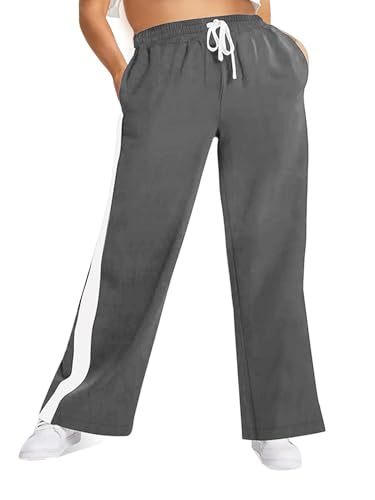 Pantalon grande taille femme jambes larges sport jogging bandes latérales