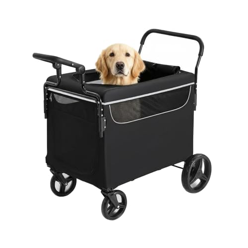 GarveeLife Large Dog Stroller Wagon, 2-in-1 Push-Pull Pet Wagon Cart with Ramp for Medium Dogs, Foldable All Terrain Design, One-Step Brake, Ideal for Outdoor Walks, Hiking & Camping