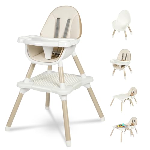 Image of Gofirst 6 in 1 Baby High Chair,Convertible High Chairs for Babies and Toddlers/Booster Seat/Table and Chair Set,Babies Feeding Chair/5-Point Harness,4-Position Removable Tray&PU Cushion Baby Highchair