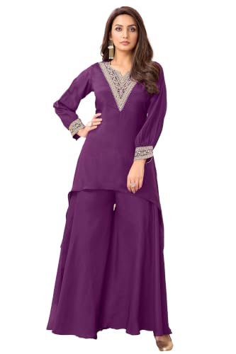 Vedant Vastram Women's Chinon Embroidery & Coding Work Fancy Kurta Palazzo Set for Women (KN-1056-Purple-L)