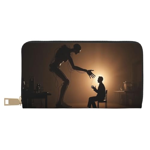 Minimalist Black Robot Print Wallet Women, Leather Bifold Multi Card Wallet, Long Purse Women's Wallets