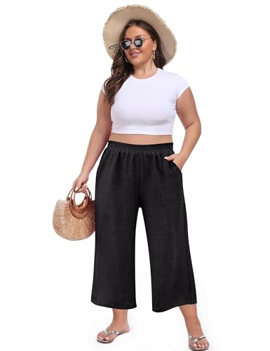 Womens Wide Leg Capri Pants Summer Palazzo Dressy Casual Pant Beach Loose High Waist Lounge Trouser with Pockets4