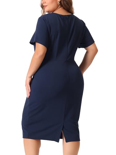 Image of Agnes Orinda Plus Size Dresses for Women Button Crew Neck Vintage Wear to Work Office Party Bodycon Pencil Dress