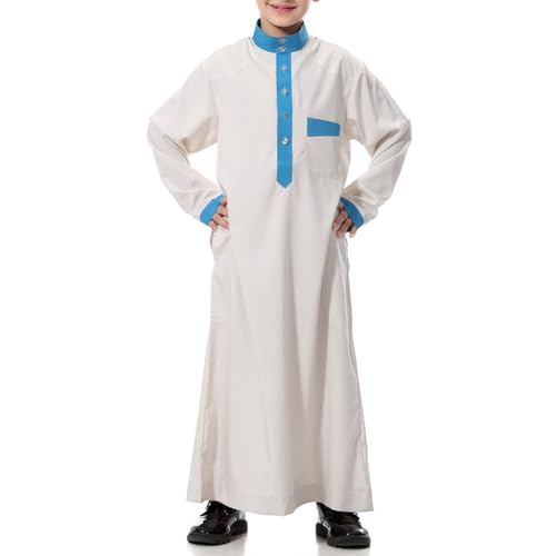 Boys Muslim Thobe Kids Islamic Kaftan Ramadan Eid Outfits Prayer Clothes Long Sleeve Stand Collar Robe with Pocket4