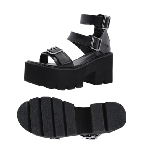 Sandales compensées femme noires à talon épais en PU et tissu synthétique pour l'été