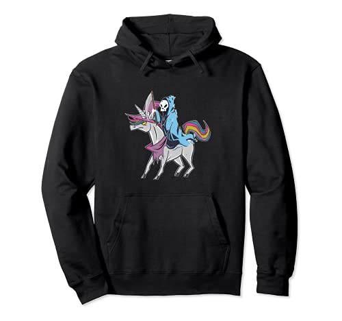 Faucheuse grim chevauchant une licorne arc-en-ciel ange de la mort Halloween Sweat à Capuche
