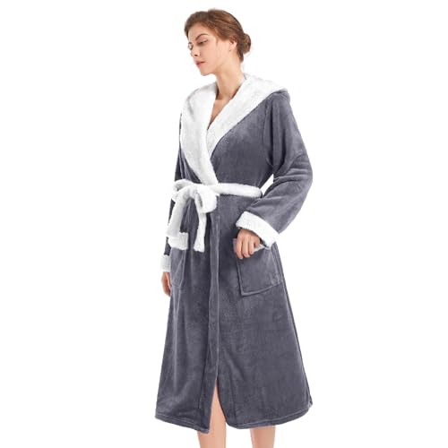 Image of Inner Wish Women Hooded Plush Robe, Fleece Highly Absorbent Cozy Warm Bathrobe