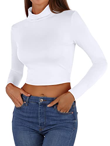 Msbasic White Long Sleeve Shirts For Women Basic Turtleneck Crop Shirts For Women((White,M) #TOP2