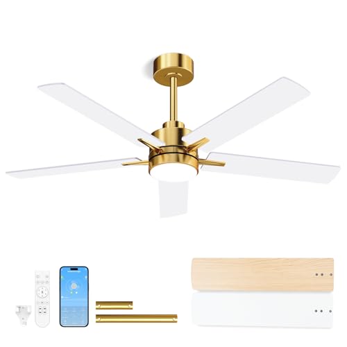 Image of LANMEL 52'' Ceiling Fan with Lights and Remote, Low Profile Modern Ceiling Fan Gold, 6 Speed, Reversible, 3000k-6000k LED, Quiet DC Motor Ceiling Fans for Indoor Outdoor Bedroom Living Room