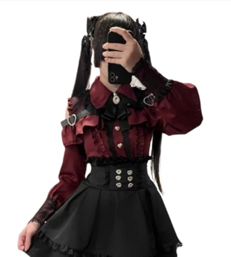 Pokn Lolita Shirts Jirai Kei Fashion Kawaii Clothing Goth Shirts Women Lace Mesh Sheer Long Sleeve Blouse (Red,L,Large)