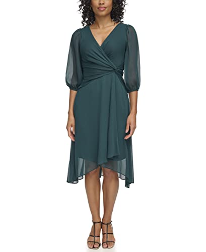 Image of DKNY Women's 3 /4 Balloon Sleeve Twist Front Chiffon Midi Dress
