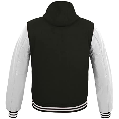Image of Deckra Men's Varsity Jacket Genuine Leather Sleeve and Wool Blend Letterman Boys College Varsity Jackets with Hood XXS-5XL