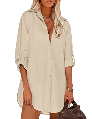 Image of HOTOUCH Women Boyfriend Shirts Button Down Long Sleeve Blouse Cuffed Sleeve Collared Shirt
