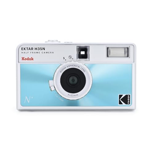 Image of Kodak EKTAR H35N Half Frame Film Camera, 35mm, Reusable, Focus-Free, Bulb Function, Built-in Star Filter, Coated Improved Lens (Film & AAA Battery are not Included) (Glazed Blue) | 22mm Coated Glass and Aspheric Lens, Star Filter and Built-in Flash, Bulb Mode Plus Tripod Mount, 1x Aaa Battery