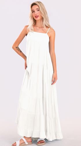 Image of loveimgs Women Summer Spaghetti Strap Smocked Maxi Dress Tiered Ruffle Sleeveless Long Flowy Dress Beach Sundress