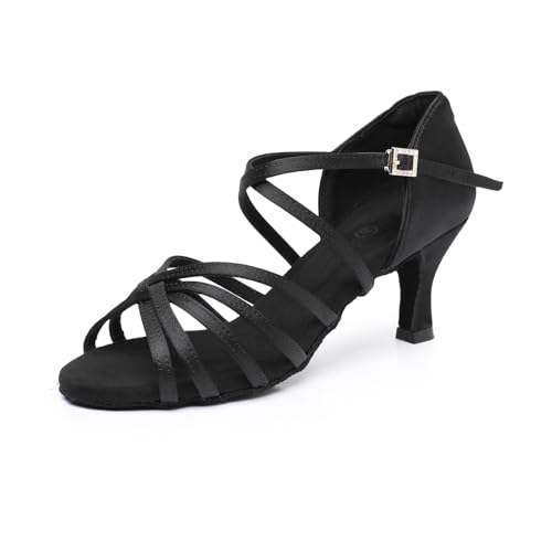 Rosefinch Women's Satin Latin Dance Shoes Professional Ballroom Salsa Practice Performance Dancing Shoes 2.75" Black 10 US
