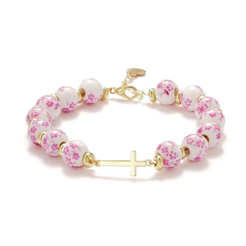 Cross Bracelet for Women,Jesus Christian Gifts Gold Beaded Dainty Link Chain Bracelet Flower Ceramic Bracelet Heart Vintage Jewelry