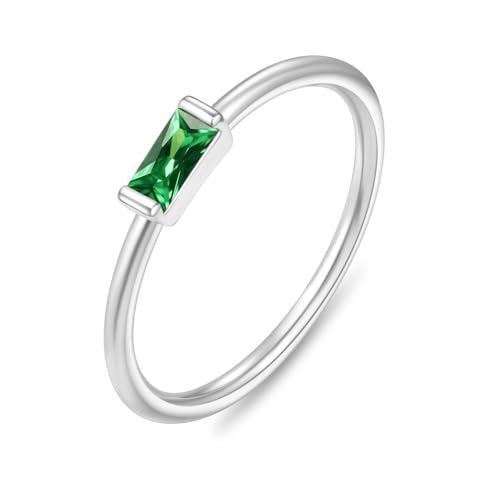 RLMOON Birthstone Rings for Women Non Tarnish Silver Stacking Rings Dainty Emerald Green Baguette Gemstone Promise Ring Personalized Jewelry Gift for Birthday Size 7