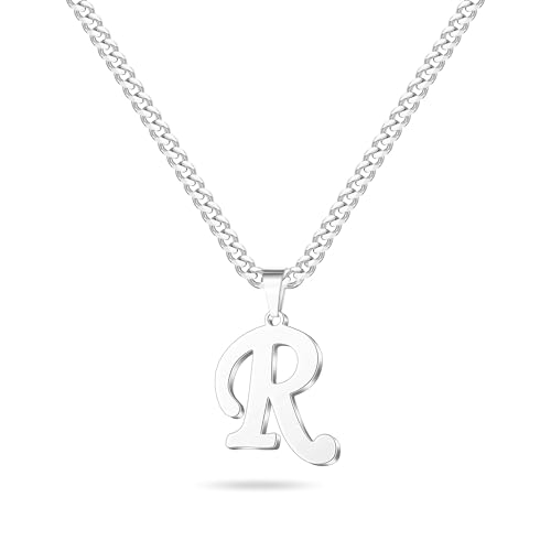 Mens Necklace - Silver Letter R Initial Necklace for Men Women Stainless Steel Letter Pendant Cuban Link Chain Initial Necklaces Graduation Fathers Birthday Gifts for Men Son Dad Husband Boyfriend