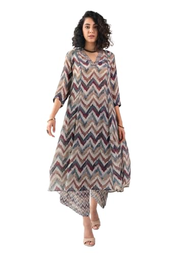 Image of Toochki Women's Multi Color Zig Zag Printed Rayon Stitched Co-Ord Set | Relaxed Fit for Women | Two Piece Set Top & Plazzo | 3 /4 Sleeve Cord Dress for Women | Fashionable