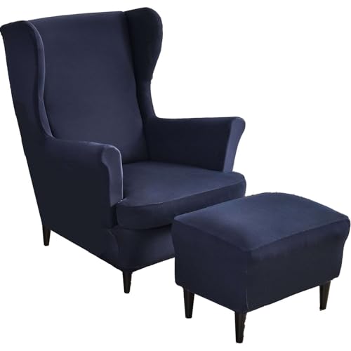 Juego de fundas de salón azul marino para sillones orejeros y reposapiés