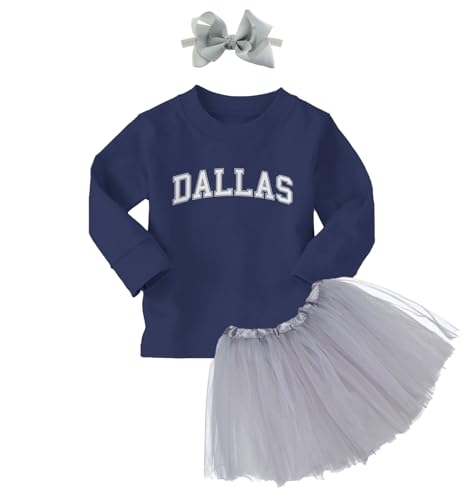 Dallas - State Proud Strong Pride Sports Long Sleeve Toddler T-Shirt + Tutu Skirt + Bow Headband Set (Long Sleeve Navy Blue T-Shirt/Silver Tutu, 5T)