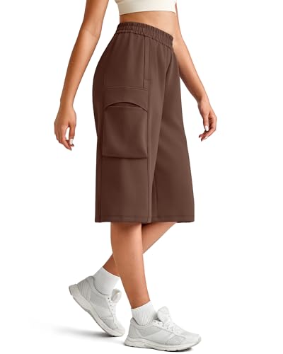G4Free Yoga Pants for Women Wide Leg Capris with Pockets Stretchy Comfy Hiking Cropped Sweatpants Travel Casual Pants(Coffee Brown,XS,13")