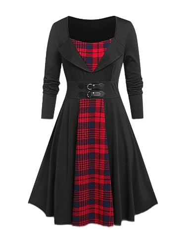 ROSE GAL Damen Übergröße Plaid Rockabilly Retro Pinup 1950er Vintage Fit und Flare Kleid, Schwarz_2, 4X