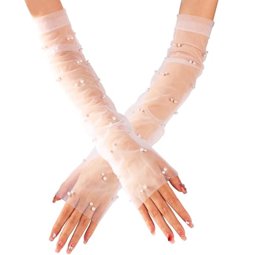 GORTIN White Tulle Gloves Women Bridal Pearl Fingerless Elbow Len...