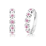 ARSKRO Flower Pink Hoop Earrings for Women Hypoallergenic Earrings for Girls Small Daisy Cubic Zirconia Kids Sensitive Ears Cute Huggie Earrings