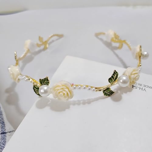Pearl Rose Flower Headband 1920s French Vintage Camellia Hair Hoop 1920s Leaf hair Band Headpiece Accessories for Women Girls (White) - Image 2