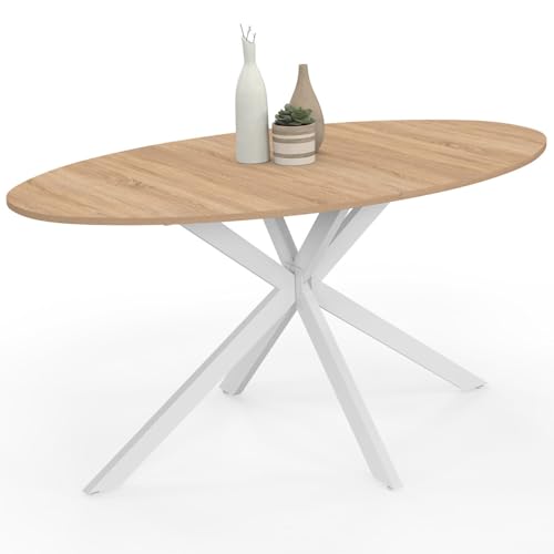IDMarket Alix - Mesa de comedor ovalada para 8 personas, diseño de araña, madera y blanco, 150 cm