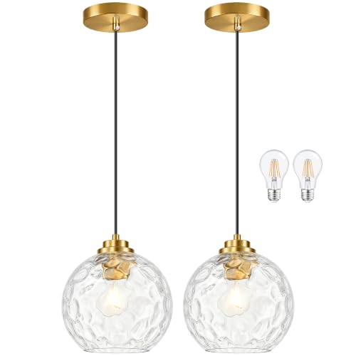 KoKo&Yukina 8" Modern Pendant Lights Kitchen Island Gold Mid Century Modern Pendant Light Fixtures with Clear Glass Globe 2 Pack Modern Hanging Pendant Light for Bathroom Dining Room （Bulb Incl.）