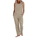 Leinen-Sets für Damen, 2-teilig, ärmellos, Weste, Oberteil und Kordelzug, gerades Bein, Hose, Sets mit Taschen, Sommer, lässig, Reisen, Outfit, Strandurlaub, Baumwoll-Leinen-Anzug, 2-khaki, 4XL