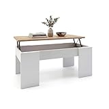 duehome | Mesa de Centro Elevable, Mesita de Salón o Comedor, Modelo Vita, Acabado en Color Blanco Artik y Roble Canadian, Medidas: 100 cm (Largo) x 50 cm (Ancho) x 45-56 cm (Alto)