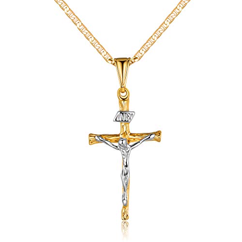 Gold Cross Necklace for Women, Men, Boys, and Girls | Barzel 18K Gold Plated Flat Mariner/Marina Chain Necklace 3MM With Cross Pendant - Made In Brazil (Two Tone Cross, 20)