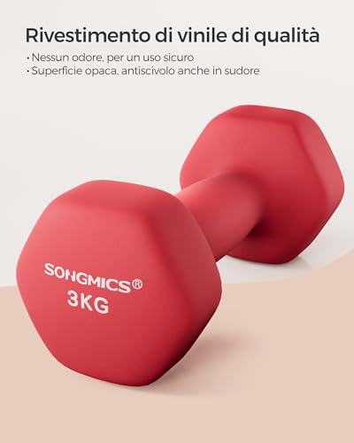 SONGMICS Set di 2 Manubri, 2 x 3 kg, Manubri Esagonale con Superficie in Vinile, per Fitness, Esercizio, Addestramento, per Palestro in Casa, Rosso Rubino SYL66RD - Immagine 1