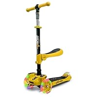 Hurtle 3-Wheel Try Scooter for Kids - Ages 2-12, Flip-able Seat, Foldable Kick Scooter with Flashing Lights, Adjustable Height, Yellow