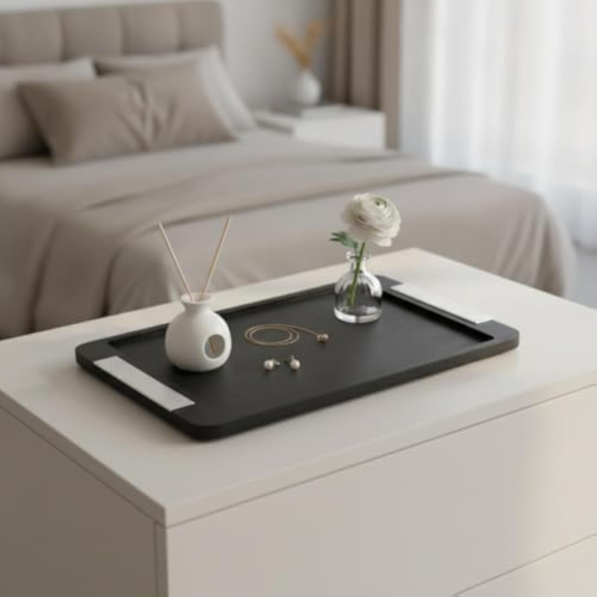 Decorative Tray with Handles, Rectangular Organizer for Coffee Table