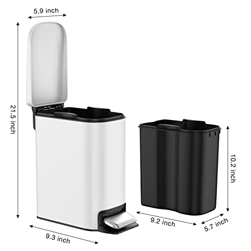 Bethebest 6 Liter/1.6 Gallon Small Trash Can With Soft Close Lid, Rectangular , Removeble Wastebasket,Stainless Steel For Bathroom,Bedroom,Office (White) #TOP4