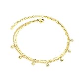 Lirzxin Gold Anklet for Women 18K Real Gold, Layered Anklets for Women Double Layer with Snowflakes Chain Ankle Bracelet Yellow Gold Length 21CM and 5CM Extended Chain