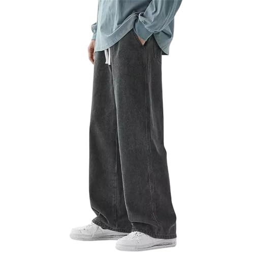 Mens Jeans Drawstring Baggy Straight Wide Leg Pants Classic Hip Hop Streetwear Casual Denim