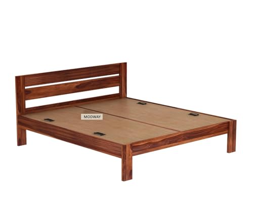 Image of Solid Sheesham Wood Queen Size Bed Without Storage | Wooden Double Bed Cot Palang for Bedroom Living Room Furniture (Honey Finish)