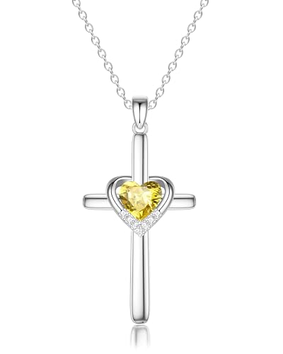 MIDDLUX Cross Necklace for Women, Birthday Gifts for Women, Silver Jewelry, November Birthstone Citrine Necklace, Heart Diamond Jewelry Gifts