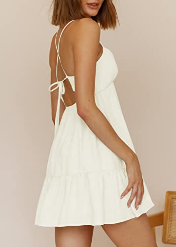 Womens V Neck Crisscross Backless Dresses Tie Back Sleeveless Ruffle Hem Flowy Swing A-Line Vintage Summer Mini Dress2