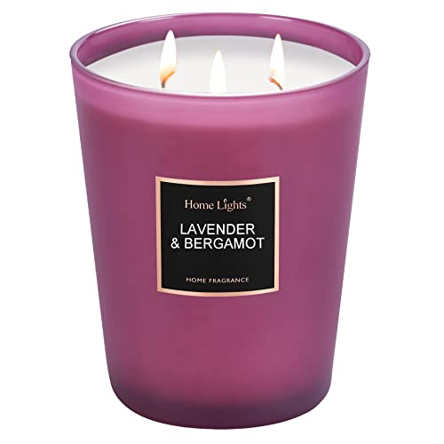 HomeLights Highly Scented Soy Candles Big 33.3 oz for Home. 3 Cotton Wicks, Smokeless Long Lasting 130 hrs in Lavender & Bergamot. 5x6, Great Gift for Women & Men