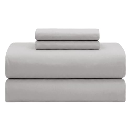 Feather & Stitch Softest 100% Cotton Sheets, 300 Thread Count Percale Weave Bedding, 16' Deep Pocket, Cooling Sheets, Breathable Bed Set, Hotel Premium Quality (Queen, Grey)